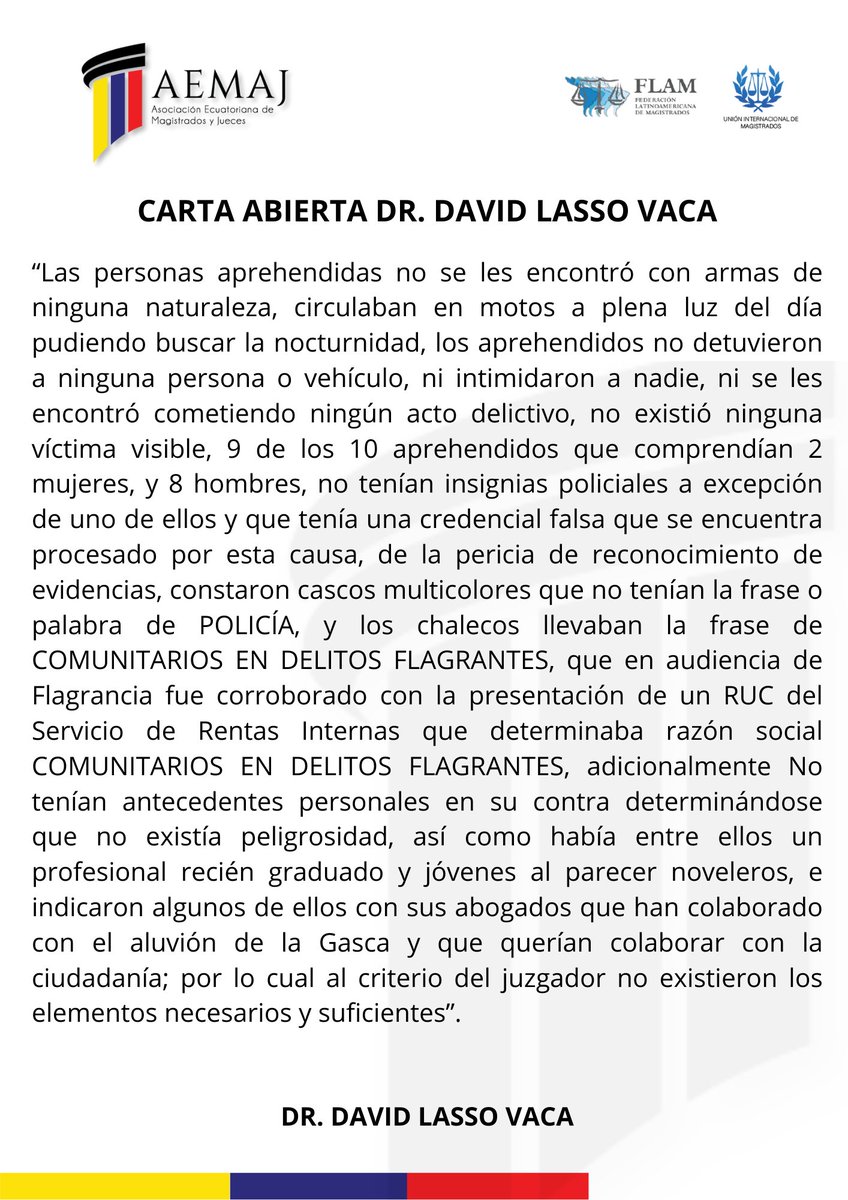 #AEMAJenAcción Emitimos el siguiente manifiesto sobre la desinformación que ha existido respecto a aprehensión de 10 personas presuntamente con simulación de uniformes de <a href="/PoliciaEcuador/">Policía Ecuador</a> en #Quito

Adjunto se encuentra una carta abierta del juez a quien se le asignó la causa