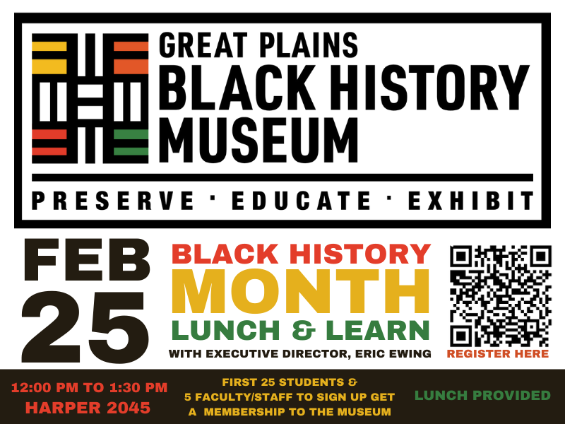 Join us this Friday at noon in Harper 2045 for a LUNCH &amp; LEARN with Eric Ewing from the Great Plains Black History Museum.
The first 25 students and 5 faculty/staff to sign up get a free membership! Register here -cuinvolved.creighton.edu/event/7793078