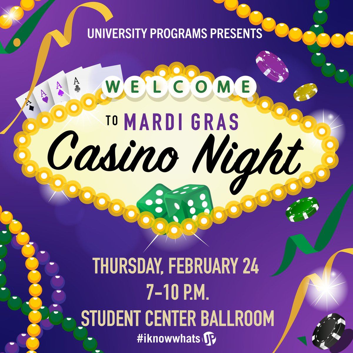 UAwhatsUP's tweet photo. Mardi Gras 🎉 + Casino Night 🎰  = A crazy good time 💯Join UP as we celebrate Mardi Gras with our own twist!  🆙 Put your casino skills 👀 to the test and win PRIZES! FREE and open to ALL UA students! 🤩#iknowwhatsUP

📆 Thursday, Feb. 24
📍 Student Center Ballroom
⏰ 7 - 10 PM https://t.co/V2kKyKybO4