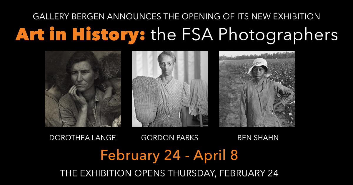 BergenCC's tweet photo. Gallery Bergen announces the opening of its new exhibition, "Art in History: the FSA Photographers" on Feb. 24 with a reception at 5:00 p.m. in Gallery Bergen- 3rd floor of West Hall @BergenCC Paramus Campus. https://t.co/mt7rdZeN4K
