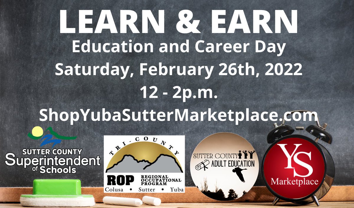 scsos_'s tweet photo. HAPPENING THIS SATURDAY!!
Come see our Learn & Earn: Education & Career Day Feb. 26th at the Yuba Sutter Mall from 12-2p.m. Learn about programs from becoming a CNA & Dental Assistant to earning your high school diploma or bettering your English. #career #earneducation #scsos https://t.co/UyORElCzdK