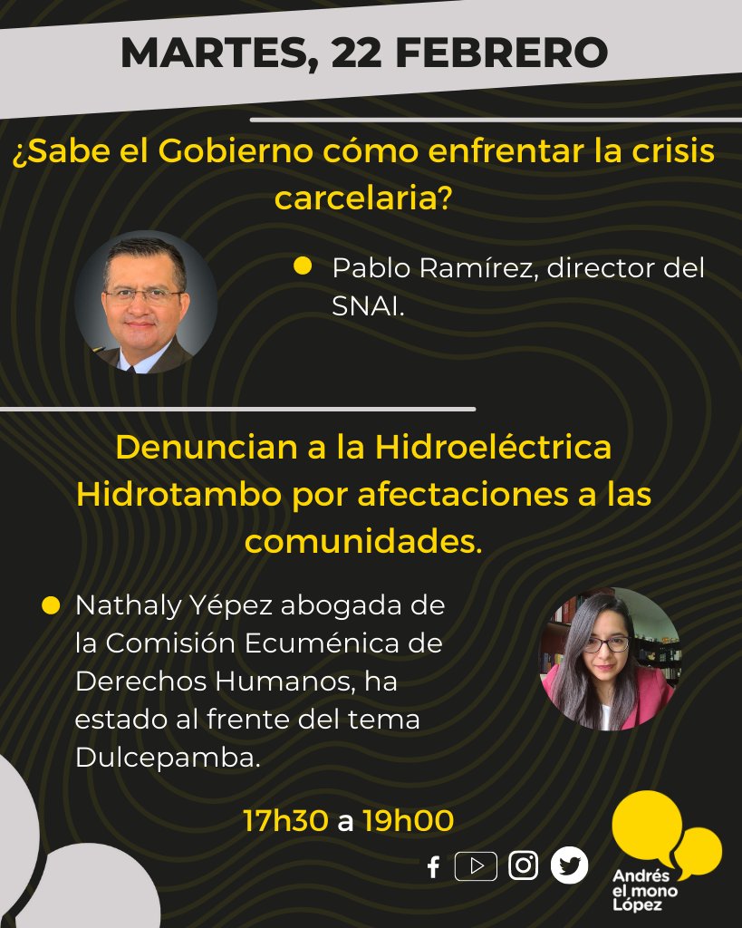 andreselmonol's tweet photo. Agenda #martes 22/febrero 

🔴Te esperamos a las 17h30 con @andreselopeze 

#YouTube ➡️ https://t.co/GDvCqFSC2g

#Facebook ➡️  https://t.co/lGe6G8pcHW

#PeriodismoSinFiltro. https://t.co/9uqiDAvJco