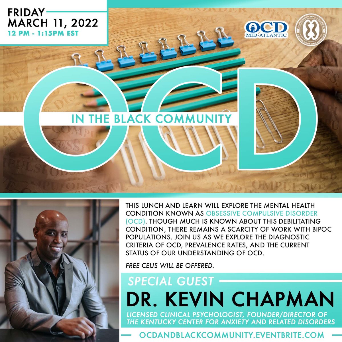 bmhaofficial's tweet photo. BMHA + @midatlanticocd are offering a FREE CEU lunch &amp; learn on Fri., 3/11 @ 12pm to explore obsessive-compulsive disorder (OCD) in the Black community. @Drkchap will explain diagnostic criteria, myths &amp; more! 
https://t.co/p4Sv5HyS6D #blackmindsmatter #ocd #health #wellness https://t.co/szCZqE3P91
