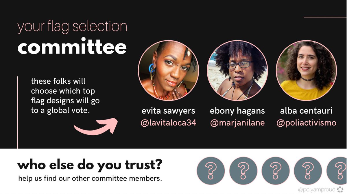 polyamproud's tweet photo. allow us to introduce and show our deep
appreciation for the first three members of the 2022
polymorous pride flag selection committee,
@lavitaloca34, @marjanilane,&amp; @poliactivismo! https://t.co/ZmOvshrNsV