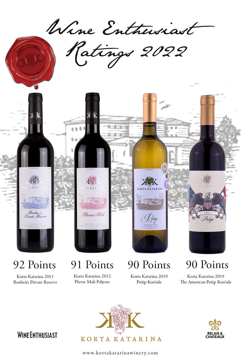 We are thrilled to announce the editors at <a href="/WineEnthusiast/">WineEnthusiast</a> have recently rated Korta Katarina Wines and we are pleased to share the great news. 

Five of our wines have received 90+ Points—thank you. 🍇🎖🍷

#winelover #wineratings #relaischateaux #winetasting #Croatia