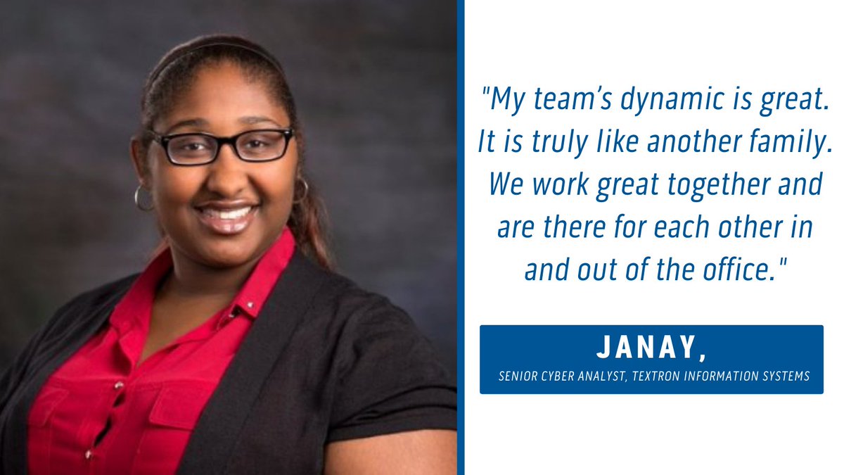 Textron's tweet image. Janay, started as an #LDP and has worked her way up to senior #cyberanalyst at Textron Information Systems (TIS). She has learned about her field, works on important projects that provide value to the enterprise, and continues to build great relationships. #careergrowth