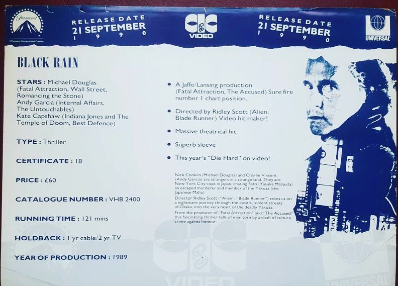allington_keith's tweet photo. Ridley Scott’s 89 thriller. Starring Douglas and Garcia. My favourite part of this sleeve is the selling point: superb sleeve! #ridleyscott #michaeldouglas #80sthriller #80s #blackrain #1989 #80smovies #80sfilms https://t.co/NzQBbumcGV