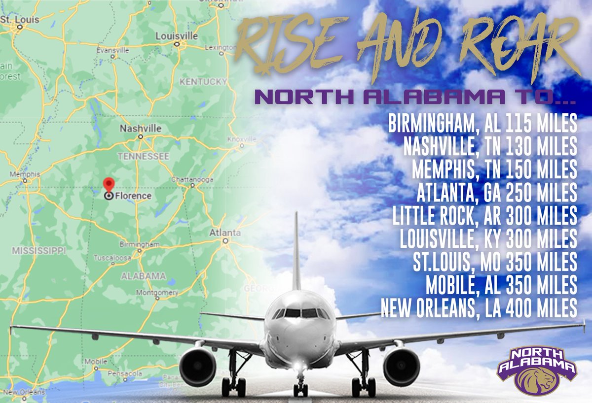 23's Rise and Roar on Flight 256 to Flo-Bama ✈️🦁 Birmingham, AL 115 Miles Nashville, TN 130 Miles Memphis, TN 150 Miles Atlanta, GA 250 Miles Little Rock, AR 300 Miles Louisville, KY 300 Miles St.Louis, MO 350 Miles Mobile, AL 350 Miles New Orleans, LA 400 Miles #Diffe23nt