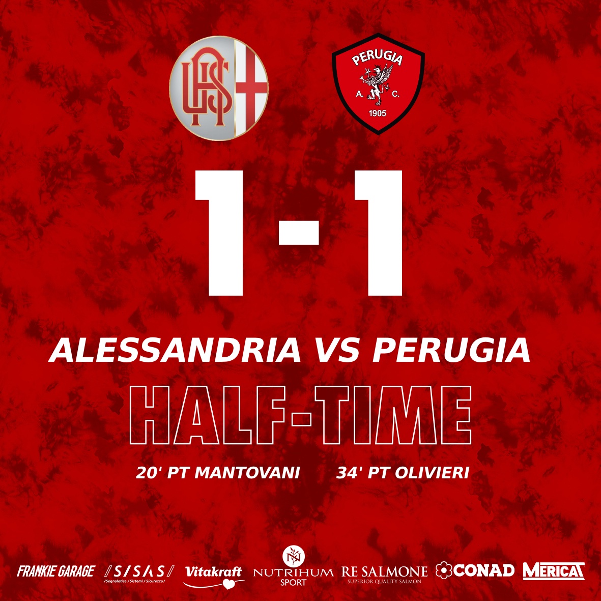 ACPerugiaCalcio's tweet photo. Dopo 2' di recupero finisce la prima frazione!
Grande intensità da entrambe le squadre..ci aspetta un altro tempo altrettanto emozionante!
Vantaggio di #Mantovani, pareggio di #Olivieri
#ALEPER
#forzagrifo @Lega_B #SerieBKT #AlessandriaPerugia https://t.co/B6YJL4ohvb