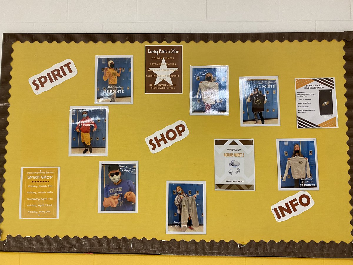 JacobsPBIS's tweet photo. Wondering what you can get at the PBIS Spirit Shop with your 5Star points? Stop by the Spirit Shop Info board across from the shop. Store will be open next on Thursday, March 3rd! https://t.co/liM4vHLkDH