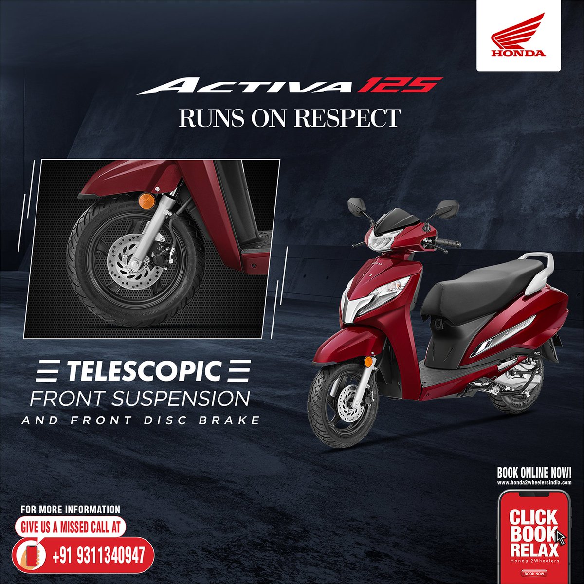 honda2wheelerin's tweet photo. Now ride with confidence and comfort provided by the Telescopic Front Suspension on Activa 125. For more information, please give us a missed call on +919311340947 or visit https://t.co/1z2KUrGAiu. #Honda #Activa125 #RunsOnRespect https://t.co/tV7Lt0WK7M