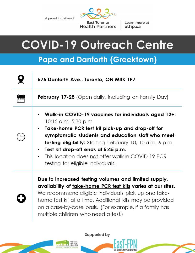 📣 We’ve opened a COVID-19 Outreach Centre at Pape and Danforth (575 Danforth Ave.)!

It offers COVID-19 vaccines to eligible individuals aged 12+ and take-home PCR test kits to symptomatic students and education staff.

Walk-ins welcome! More info: tehn.ca/CovidOutreachC…