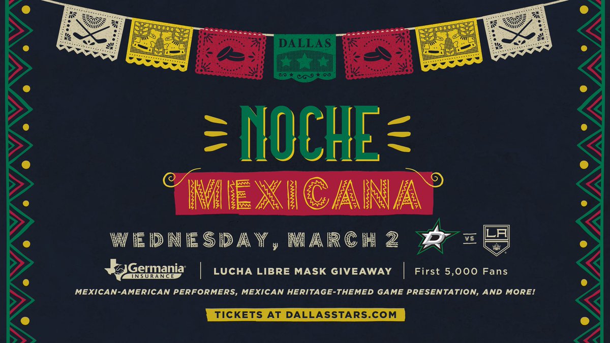 HACEMOSNTX's tweet photo. 🎉 Join us and @DallasStars for NOCHE MEXICANA on March 2nd when we play against the Los Angeles Kings! Special features: pre-game party, in-arena performance by Monica Saldivar and ‘00 Mexico Ballet Folklorico &amp; more! 
Tickets 🎟 https://t.co/9Yi6dKTVdO 
#hacemoshockey #hacemos https://t.co/MlDZZz8MpJ
