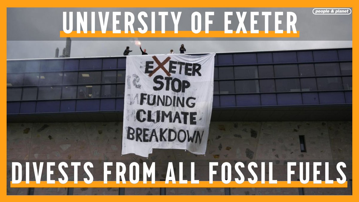 🎉🎉 VICTORY! <a href="/UniofExeter/">University of Exeter</a> divests from ALL fossil fuels! 

Now @UoECareers must end oil, gas + mining companies’ recruitment on campus! 👀

Sign the Fossil Free Careers petition 👉 bit.ly/3h3mUVa 

Keep us winning 👉 peopleandplanet.org/donate