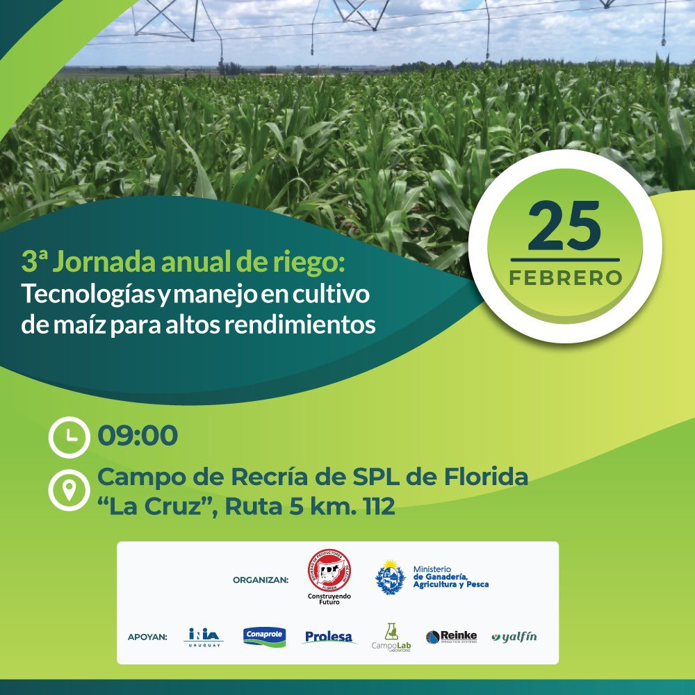 🌾💧 Extendemos la invitación de <a href="/_splf/">SPLF</a> y <a href="/MGAPUruguay/">MGAP</a> a participar de la 3° Jornada anual de riego. Más información en bit.ly/noticia-tercer…

<a href="/INIA_UY/">INIA URUGUAY</a> <a href="/Conaprole/">Conaprole</a> <a href="/LCampolab/">Laboratorio CampoLab</a> @reinkelat <a href="/YalfinSA/">Yalfin</a>