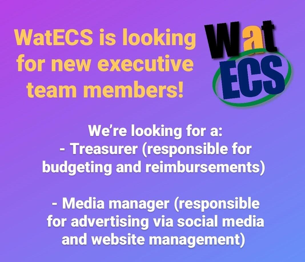 ECS Waterloo Student Chapter (@ecs_waterloo) on Twitter photo DEADLINE EXTENDED! Join WatECS!
If you’re interested, please email your name, program, supervisor, area of research, which role you're interested in, why you’d like to join our team, and any relevant experience you have in this area to uwecs@uwaterloo.ca by Mar. 4! DEADLINE EXTENDED! Join WatECS!
If you’re interested, please email your name, program, supervisor, area of research, which role you're interested in, why you’d like to join our team, and any relevant experience you have in this area to uwecs@uwaterloo.ca by Mar. 4!