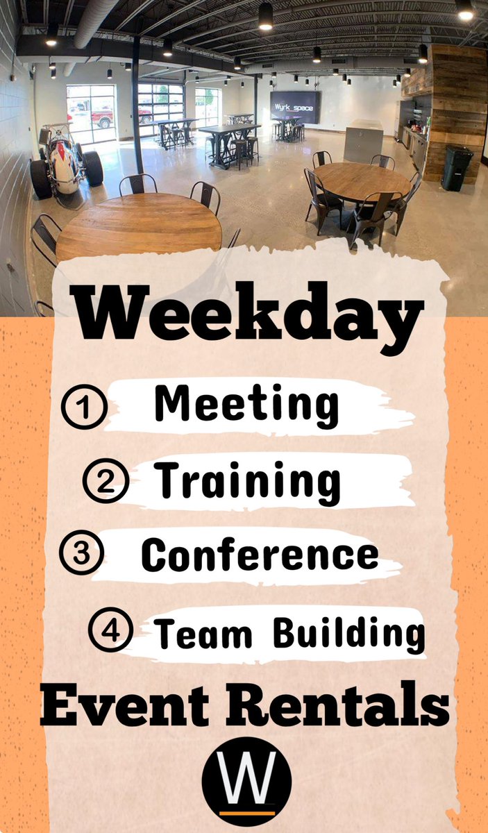 WyrkSpace's tweet photo. Need a place to host a weekday meeting, conference, or company training? Now offering weekday daytime event rentals for larger groups. Need a smaller space? We have a private board room for rent. Contact us today for more info &amp; pricing. #conferences #meetings #eventspace https://t.co/0NUk5Dz6HX