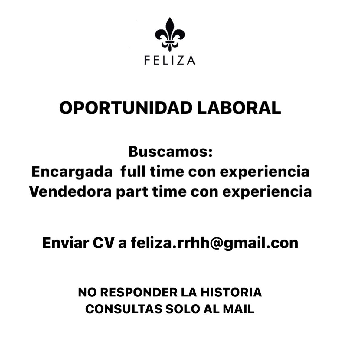 felizaindu's tweet photo. Oportunidad laboral. Enviar CV a feliza.rrhh@gmail.com https://t.co/UoVjmBkXRS
