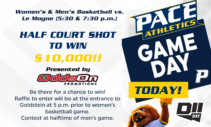 PaceUAthletics's tweet photo. Today @ halftime of the @PaceMBB game, it's your chance to win $10K! Take the half court shot to win. 

FREE raffle for a chance to compete opens up at 5 p.m. prior to the start of the @PaceWBB game. Raffle number will be called prior to halftime of the men's game. 

#GoSetters https://t.co/sliY0tDRrN