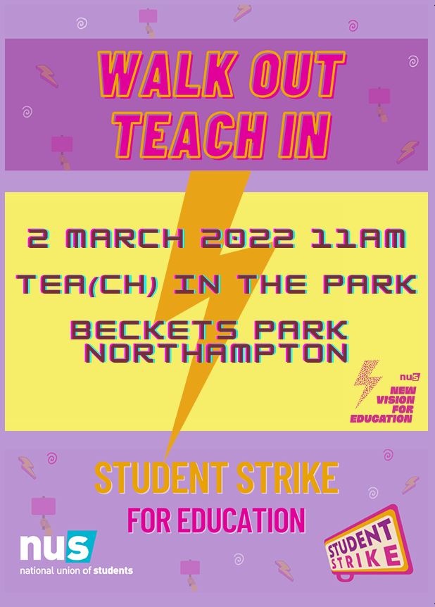 We will be joining students <a href="/UniNorthants/">UniofNorthampton</a> next Wednesday as they 'Walk Out / Teach In' as part of the <a href="/nusuk/">NUS UK</a> #StudentStrike.  Teach in from 11am on 2 March in Beckets Park.  If you are in Northampton please come and join us and bring whistles.
