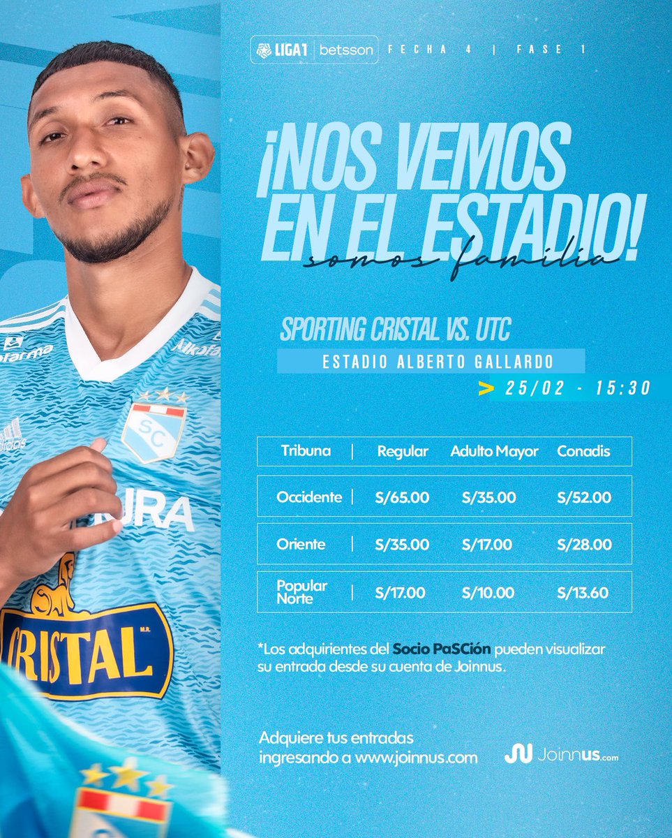 ClubSCristal's tweet photo. 🚨 ¡EMPEZÓ LA VENTA DE ENTRADAS!

Nos vemos el viernes para alentar juntos 💙🎽

⚽️ vs. @UTC_PagOficial 
⏰ 3:30 p.m.
🏟 Alberto Gallardo
🎫 @joinnus ➡️ https://t.co/r2KHnYZat3

#FuerzaCristal 
#SomosFamilia https://t.co/IGQxHcIFlY