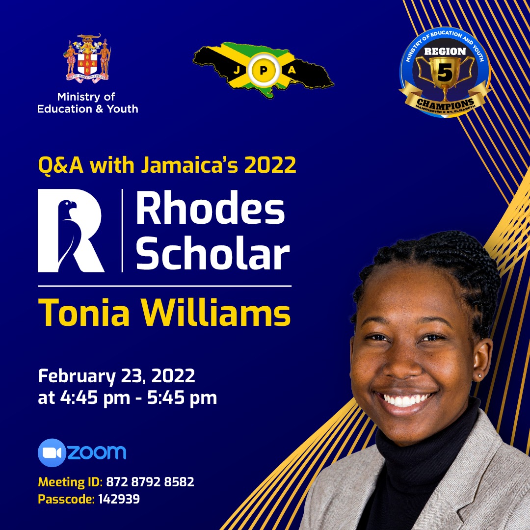 MOEYJamaica's tweet photo. Join the Ministry of Education and Youth, tomorrow, February 23, from 4:45 PM to 5:45 PM for a Question and Answer session featuring Jamaica’s 2022 Rhodes Scholar, Tonia Williams.
Meeting ID: 872 8792 8582
Passcode: 142939
#MOEY #Educateja #Q&A https://t.co/kZgTjPCLgy