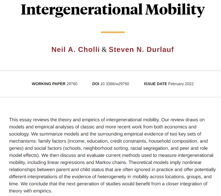 NBER (@nberpubs) on Twitter photo A review of the theory and empirics of intergenerational mobility, drawing on both economics and sociology, from Neil A. Cholli and <a href="/sndurlauf/">Steven N. Durlauf</a> nber.org/papers/w29760 A review of the theory and empirics of intergenerational mobility, drawing on both economics and sociology, from Neil A. Cholli and <a href="/sndurlauf/">Steven N. Durlauf</a> nber.org/papers/w29760