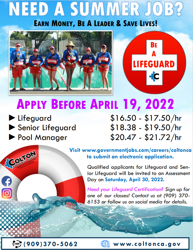 Colton_HR's tweet photo. The City of Colton is currently recruiting for Part-Time aquatic positions in our Community Services Department. Please visit https://t.co/hzZwFyNAu7 to apply and review the minimum qualifications. #cityofcolton #colton #jobs #recreation https://t.co/99RVhSGiYx
