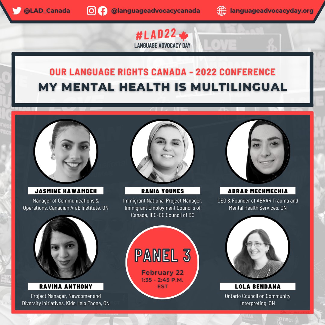 A warm welcome to our moderators and speakers - My #mentalhealth is #multilingual: <a href="/ranooshy/">Rania Younes</a>
<a href="/WelcomeHomeTO/">WelcomeHomeTO</a> <a href="/CdnArabInst/">Canadian Arab Institute</a> <a href="/jas_hawamdeh/">jasmine</a> 
<a href="/KidsHelpPhone/">Kids Help Phone</a> <a href="/Multi_Languages/">Multi-Languages</a> <a href="/AbrarMch/">Abrar Mechmechia</a>
#BellLetsTalk #mentalhelath #pandemic #stress <a href="/INforMHAA/">INforMHAA</a> #OLRC22 #Canada #LAD22  #languagerightsmatter