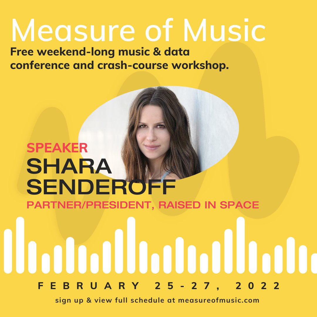 Measure of Music (@measure_music) on Twitter photo Excited to welcome <a href="/SharaSenderoff/">Shara Senderoff</a> (Partner & President of <a href="/raisedinspace/">raisedinspace</a>) as Saturday's Keynote speaker. She'll join Founder of Measure of Music, <a href="/c_osazuwa/">Christine Osazuwa</a> for a fireside chat to discuss career changes, building companies & the value of music.
Sign up: conference.measureofmusic.com Excited to welcome <a href="/SharaSenderoff/">Shara Senderoff</a> (Partner & President of <a href="/raisedinspace/">raisedinspace</a>) as Saturday's Keynote speaker. She'll join Founder of Measure of Music, <a href="/c_osazuwa/">Christine Osazuwa</a> for a fireside chat to discuss career changes, building companies & the value of music.
Sign up: conference.measureofmusic.com