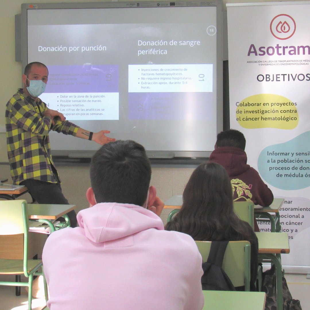 Asotrame1's tweet photo. 🙋♂️Esta tarde estuvimos con los chavales/as del IES Fernando Esquío, de #Neda. David, el coordinador de proyectos de #Asotrame, fue el encargado de hablar al alumnado de 1º de bachillerato sobre la importancia de donar médula ósea y los mitos y realidades que rodean al proceso👌. https://t.co/ubO1WHWPJr