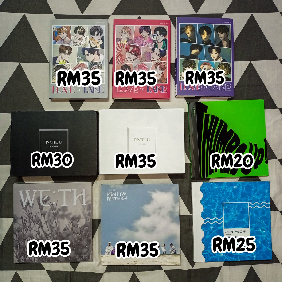 huineen's tweet photo. hi! wts my used pentagon albums ❤️

here's the condition of each albums:-
-all LoT albums (10/10)
-invite:u flare ver (10/10)
-invite:u nouveau ver (9/10)
-thumbs up (6.5/10)
-we:th &amp; positive (10/10)
-summer album (7/10)

*buy 2 albums &amp; above will get free official group poster https://t.co/fwb6PQuGPO