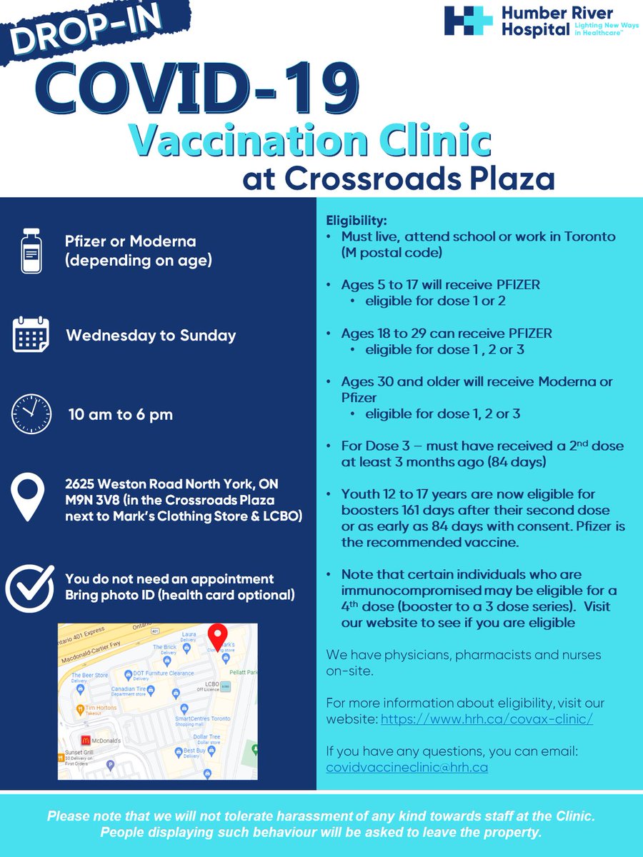 📅Wednesday to Sunday

📌2625 Weston Road, North York (Crossroads Plaza)

🚨WORK/LIVE/GO to SCHOOL in ANY M POSTAL CODE (bring ID)

Come dressed for the weather
<a href="/VaxHuntersCan/">Vaccine Hunters Canada</a>