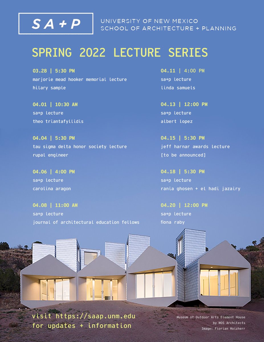 We’re excited to announce our Spring 2022 Lecture Series! Join us for this exciting series of speakers and conversations. Most events will be held virtually via zoom. Registration links will be provided soon on our website: saap.unm.edu. Stay tuned!