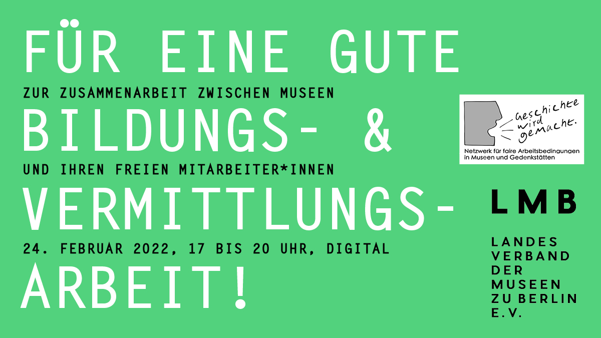 Schon angemeldet? 
Morgen sprechen wir über gute #Zusammenarbeit auf der Veranstaltung des @lmb_berlin. Gemeinsam mit <a href="/mach_geschichte/">Geschichte wird gemacht</a> geht es um Potentiale und Herausforderungen des Miteinanders zwischen Museen und Freien Mitarbeiter*innen. Seid dabei!
lmb.museum/2022/01/13/mus…
