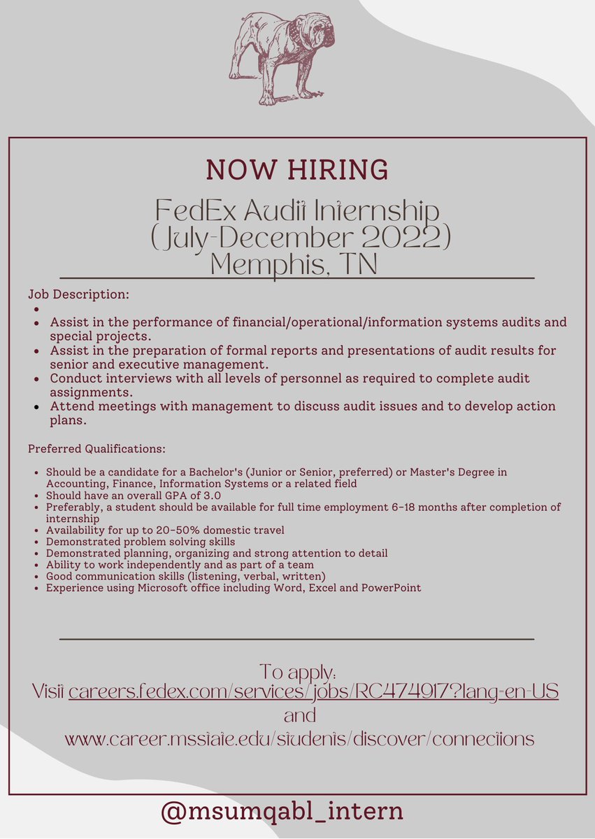 Audit Internship with FedEx!

This will be located in Memphis, TN from July-December 2022. No doubt that this opportunity WILL pay off in the long-run! 

To apply, visit the websites below and click the link in our bio!