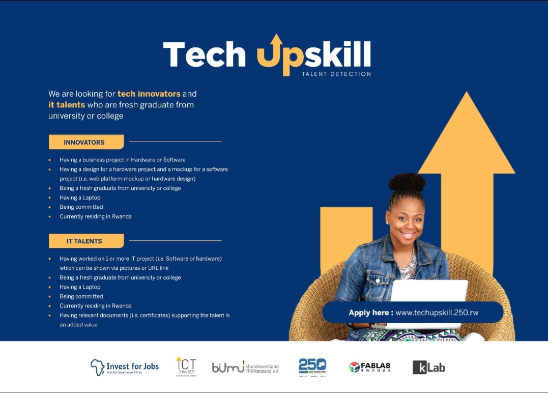 250ventures's tweet image. Are you a young Rwandan with a tech innovation or a recent IT graduate wishing to advance your skills? #TECHUPSKILL is here to offer training, upskill young tech talents and innovators, and connect them to a variety of opportunities. Apply here: techupskill.250.rw
