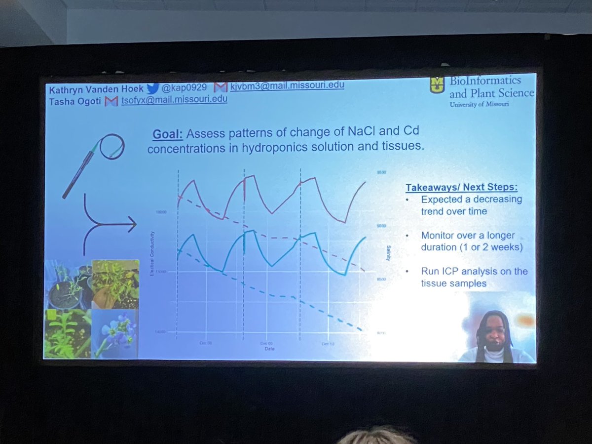 shawnkthomas's tweet photo. BIPS undergrads @kap0929 and Tasha Ogoti presenting preliminary data on real-time tracking of salinity in hydroponics #NAPPN22 #NAPPN2022 #HalophytesAndHeavyMetals #PlantsAndPollutants @mizzou @BondLifeSci @MizzouBiology @ugradresearchMU @JChrisPires @DMC_lab https://t.co/mD8qmAByJ1