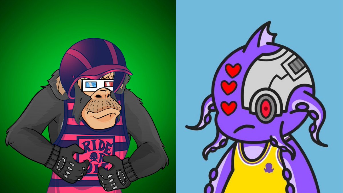 We’ve partnered up for a GIVEAWAY! 🎉 Winners announced in discords! #NFTs #NFTProjects
1X Ape Hanger &amp; 1X Octo Frens

🎯 Follow <a href="/ApeHangerElvis/">Ape Hanger Bikers</a> &amp; <a href="/octofrensNFT/">octo frens</a> 
🎯 Like/RT/Tag 3 Frens (More Tags = More Entries)
🎯 Join AHB discord.gg/nB7vRfKs Join OF discord.gg/Vk6VNSFKVB