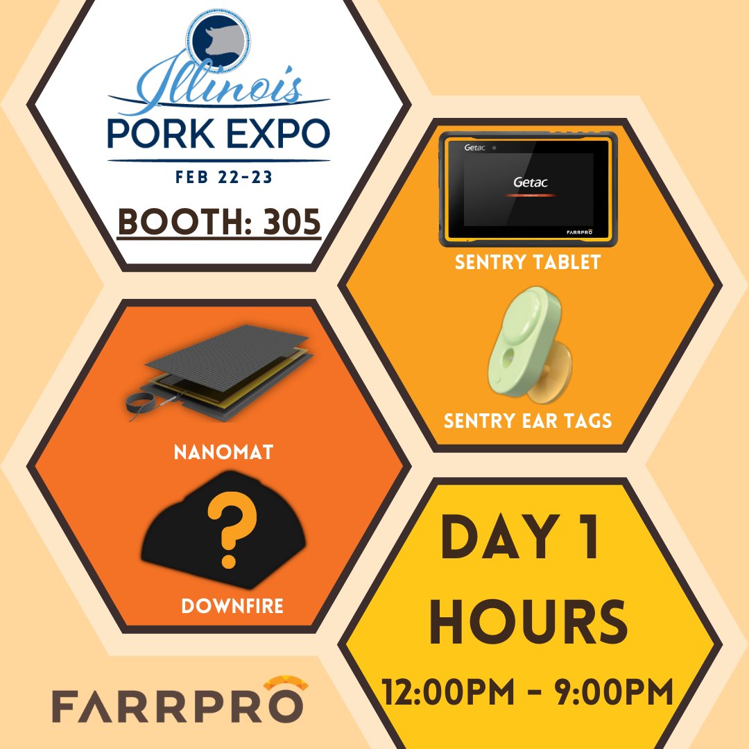 FarrPro's tweet image. TODAY IS THE DAY!

Our Team is at the ILLINOIS PORK EXPO today from 12:00 PM - 9:00 PM!

Come Visit our booth (305) to take a closer look at our products!:
Sentry Tablet
Sentry Ear Tags 
NanoMat 
DownFire *SNEAK PEAK*

We can’t wait to see you there!