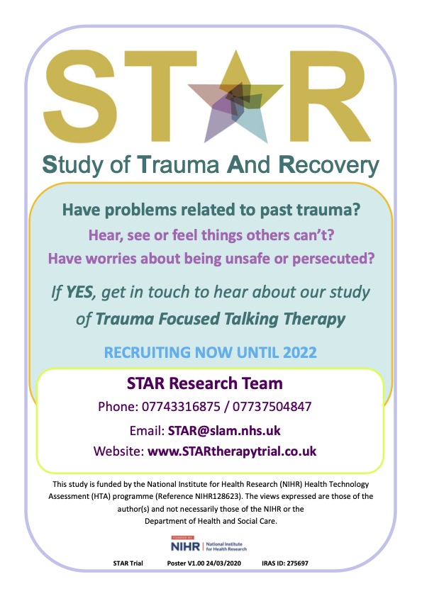 MaudsleyNHS's tweet photo. Find out about @STARtrial_ which offers a 50:50 chance to have 9 months of trauma-focused talking therapy for people who have problems with hearing, seeing, or feeling things that others can't.
@KingsIoPPN @NIHRMaudsleyBRC
➡️ Visit https://t.co/mCI1zorw0w to refer
#STARtrial https://t.co/UfJGN7OKlY