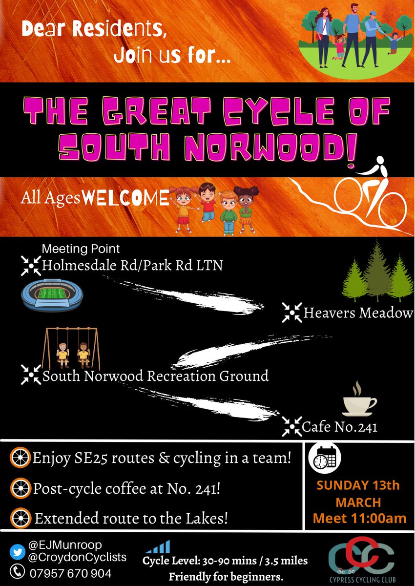 🚨As we approach the spring, I’m very excited to invite residents to #TheGreatCycleOfSouthNorwood🚴🏽‍♂️

We have a beautiful cycling community in #SE25, so let’s explore some routes, socialise together &amp; talk about common interests when it comes to shaping the future of our streets🟢