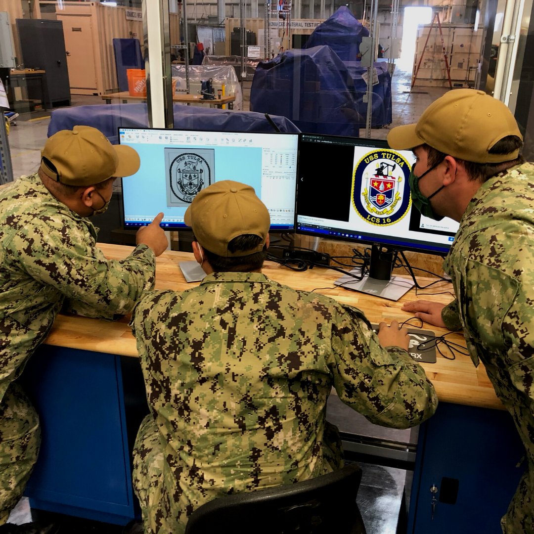 Picture: Several officers collaborate on a naval design in the off-site FATHOMWERX Lab.

#FATHOMWERXCommunity #Partnerships #Technology #Innovation #NAVSEA #DoD #FATHOMWERXLab
