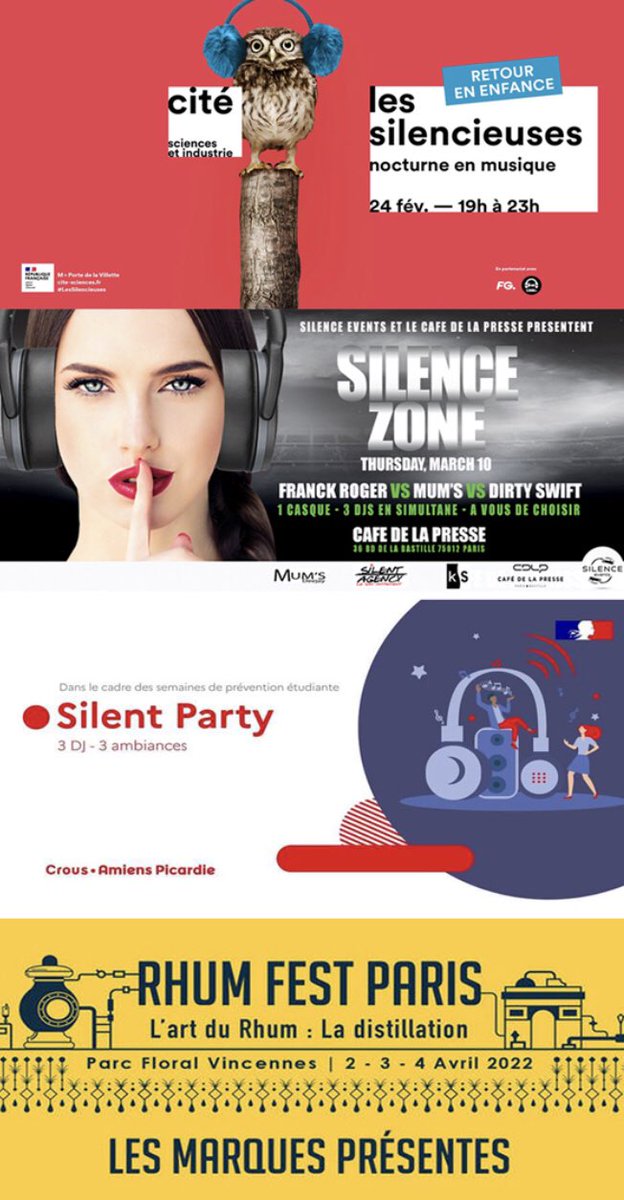 silence_events's tweet photo. SAVE THE DATE 
- 24/02/2022 Cité des sciences et de l'industrie
- 10/03/2022 CAFE de la PRESSE
- 10/03/2022 CROUS Amiens Picardie
- 31/03/2022 Cité des sciences et de l'industrie
- Du 02 au 04 /04/2022 Rhum Fest Paris
- 14/04/2022 CAFE de la PRESSE
And more … https://t.co/iTTjYkIwrd