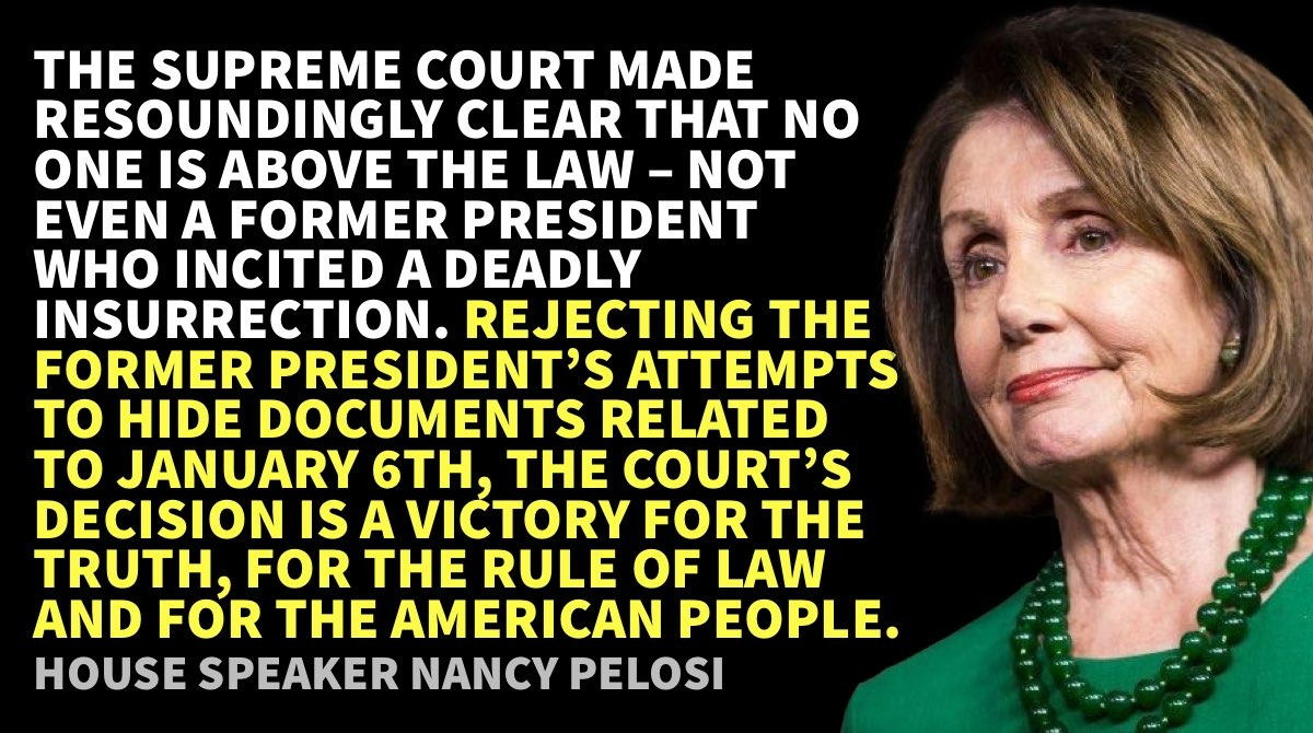 What is Trump hiding? A lot, apparently. 

Unfortunately for him, the Supreme Court agrees that no one is above the law and he has to turn over the #Jan6th related documents he's desperately trying to hide. The American people deserve and will learn the truth.