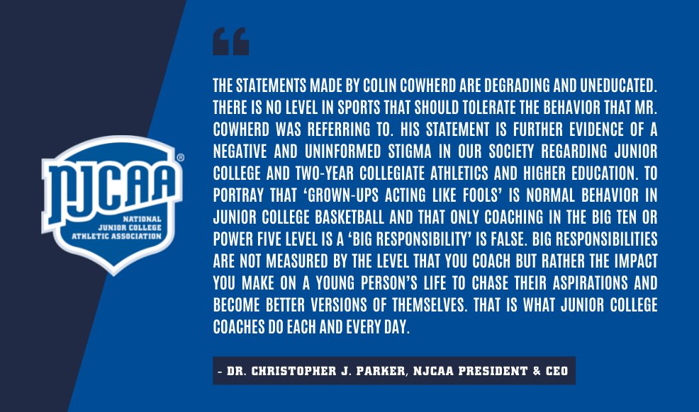 The <a href="/NJCAA/">NJCAA</a> strongly denounces the statements made by Colin Cowherd on his show, 𝘛𝘩𝘦 𝘏𝘦𝘳𝘥, in which he demeaned junior college basketball coaches and two-year collegiate athletics as a whole.

Full statement | njcaa.org/general/2021-2…