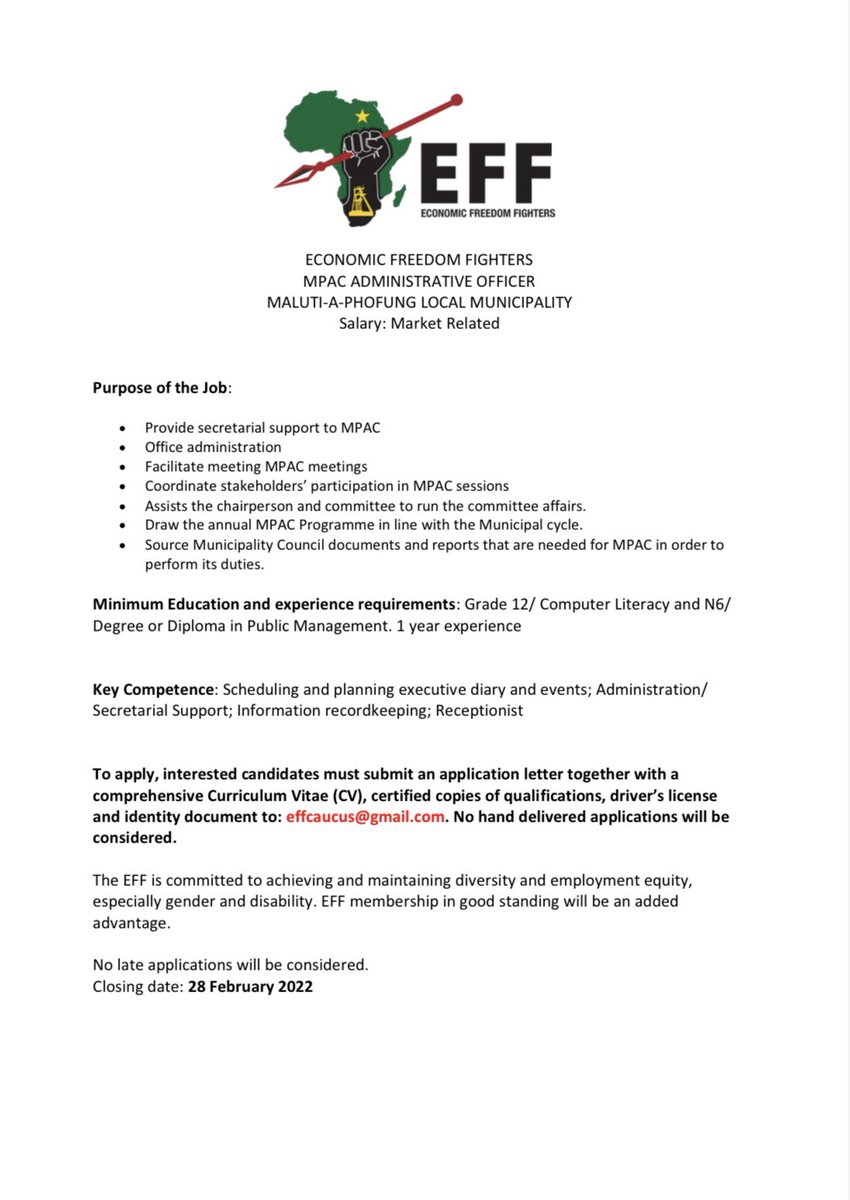 EFF_FreeState's tweet photo. [JOB VACANCY]: The EFF Free State is looking for an MPAC Administrative Officer. 

If this is you, apply NOW! #EFFJobs https://t.co/KgcUR8jM8i