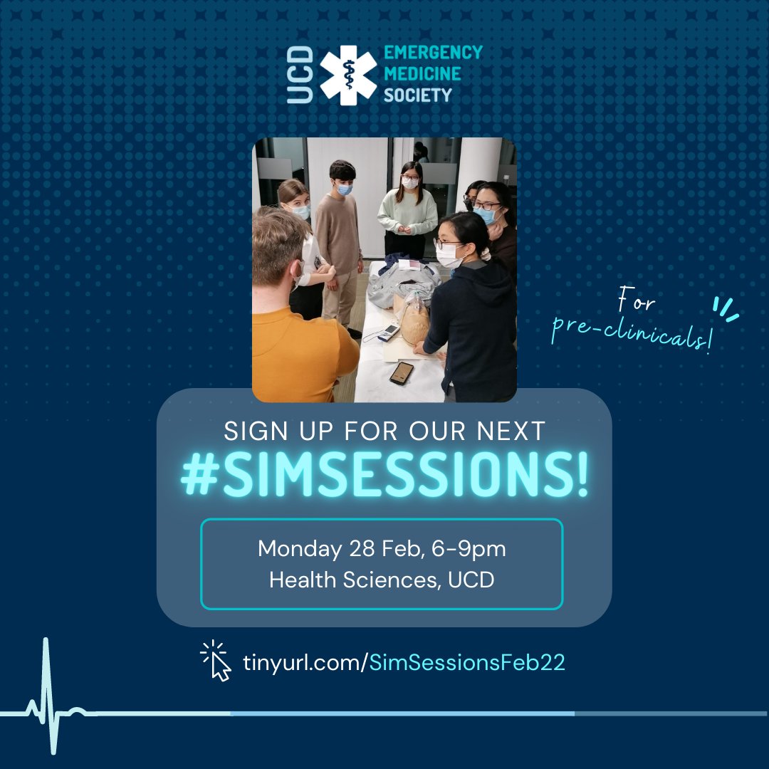 UCDEmergSoc's tweet photo. 📢 Calling all pre-clinicals from 2nd Med, 3rd Med and GEM2!
The sign-up link for our next #SimSessions is out! Head over to https://t.co/cxUZSXUBOJ now!
The simulation scenarios will be the same as last semester’s, so do only register if you’ve never participated before 😉 https://t.co/6mQEfZD9Lk