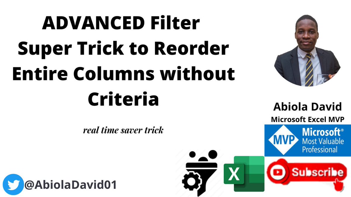 AbiolaDavid01's tweet image. ADVANCED filter super trick to reorder entire columns without the need for criteria

YouTube Link: youtu.be/kjRmt13lZvw

#Excel #AdvancedFilter