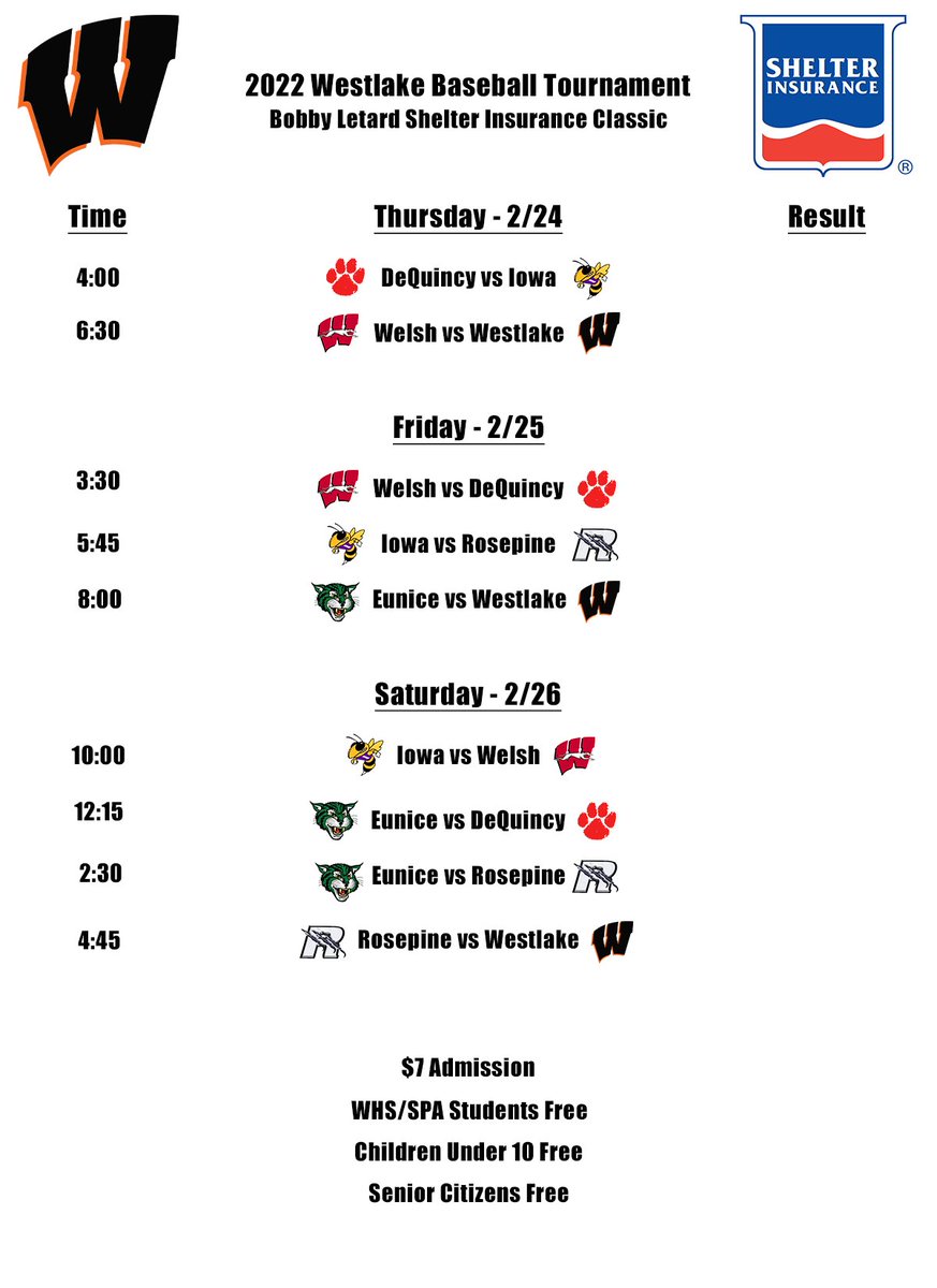 WHSBaseball____'s tweet photo. Tournament schedule for the Bobby Letard Shelter Insurance Classic at Westlake!

#GoRams https://t.co/fk4lYqf7ES